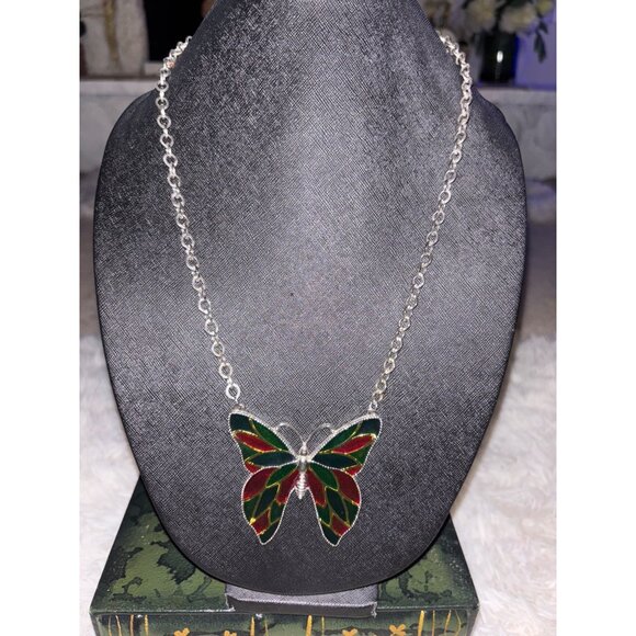 Silver Butterfly Suncatcher Necklace With Red & Green Stained Glass Design On Ch - Picture 10 of 12